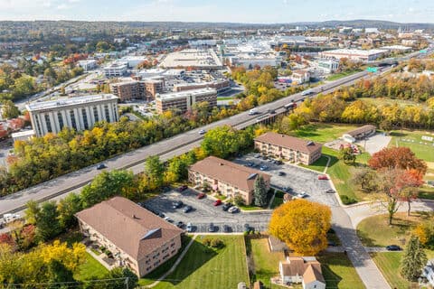 Aerial view of King of Prussia Arms Apartments and the surrounding King of Prussia neighbourhood